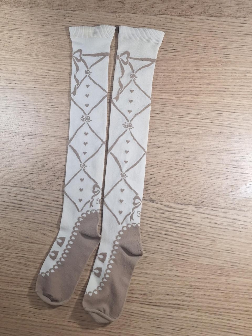 Innocent World Ivory Tan Ballet Ribbon OTK Socks | Classic Lolita